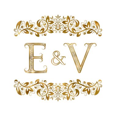 E ve V vintage baş harfleri logo sembolü. Harfleri süs öğeleri tarafından çevrili.