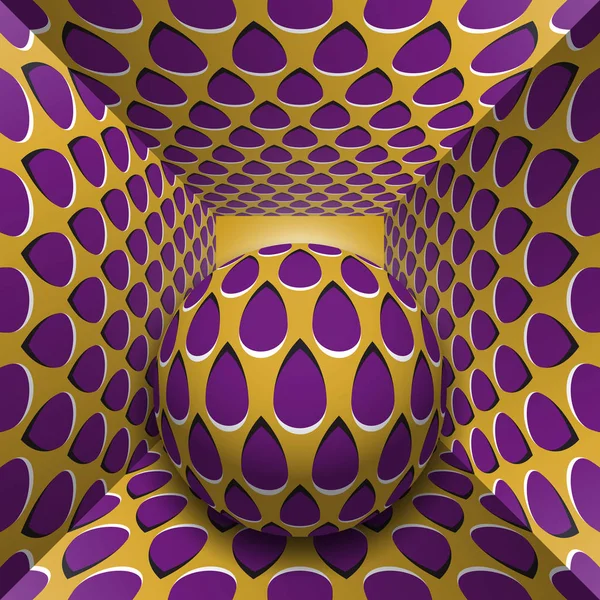 Ilustração de ilusão de movimento óptico. Uma esfera está a mover-se através do túnel quadrado. Gotas roxas em objetos dourados. Fantasia abstrata em um estilo surreal . — Vetor de Stock