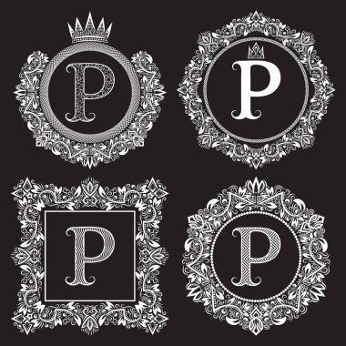 Vintage Monogram P harfini ayarlayın. Hanedan arma çelenk içinde yuvarlak ve kare çerçeveler