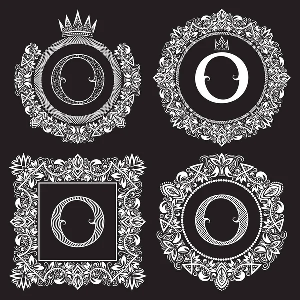 Vintage monograms set of O letter. Heraldic coats of arms in wreaths, round and square frames — Stock Vector