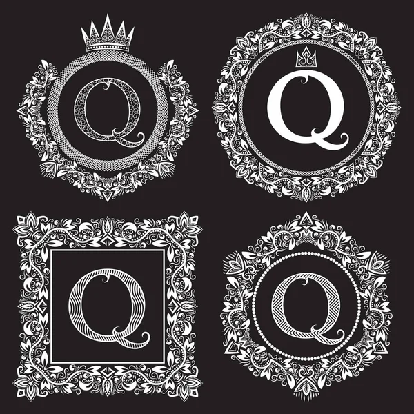 Conjunto de monogramas vintage de letra Q. Abrigos heráldicos de armas en coronas, marcos redondos y cuadrados — Vector de stock