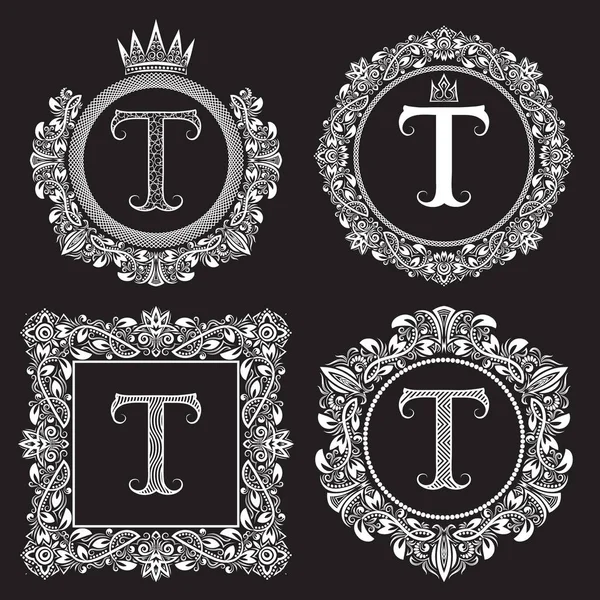 Conjunto de monogramas vintage de letra T. Abrigos heráldicos de armas en coronas, marcos redondos y cuadrados — Vector de stock