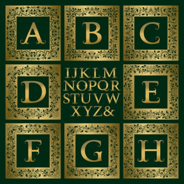 Vintage monogram kiti. Altın harfler ve antik tarzda ilk logo oluşturmak için çiçek kare kare.