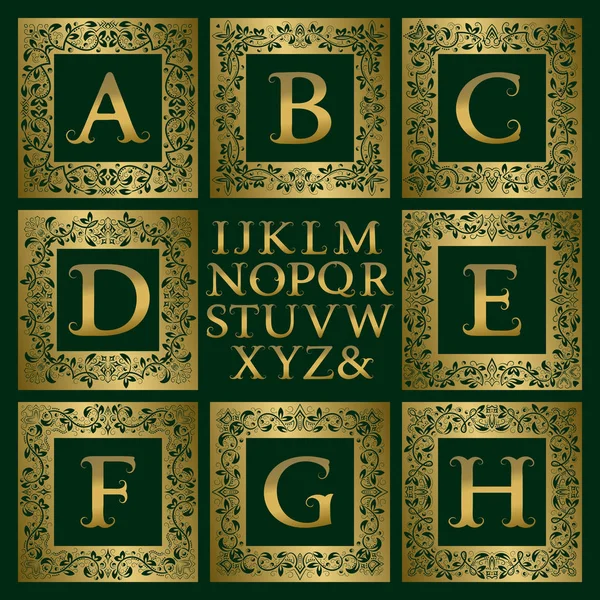Kit monogramma vintage. Lettere dorate e cornici quadrate floreali per creare il logo iniziale in stile antico . — Vettoriale Stock