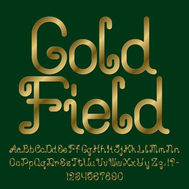 Güzel altın kıvırcık yazı tipi. Büyük ve küçük harfler, sayılar ve noktalama işaretleri ile izole İngilizce alfabe. Altın alan metin yazı.