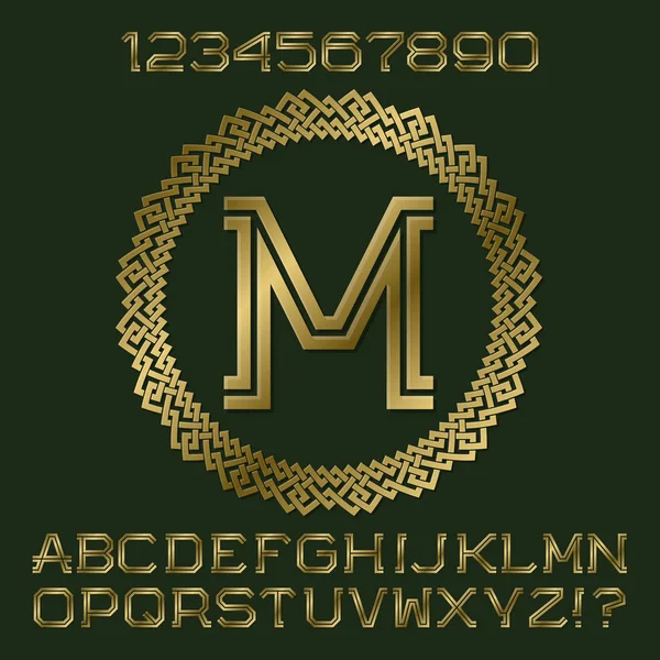 Golden angular letters and numbers of two stripes. Monogram in decorative round frame. Fashion presentable font kit for logo design. — Stock Vector