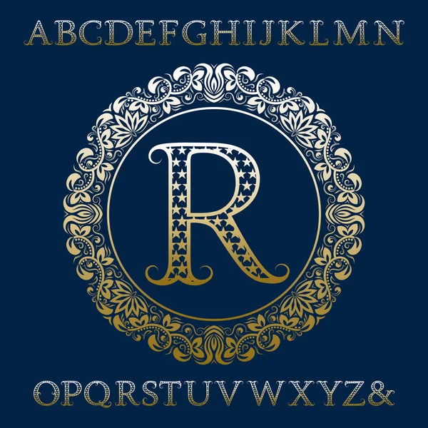 İlk monogram yıldızlı altın harflerle. Logo tasarımı şık desenli yazı tipi ve öğeleri kiti. — Stok Vektör
