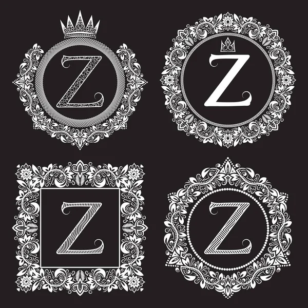 Vintage monogrammen set Z brief. Heraldische wapenschilden in kransen, ronde en vierkante kaders. Witte symbolen op zwart. — Stockvector