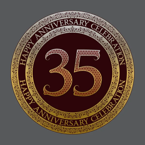 Thirty fifth anniversary celebration logo symbol. Golden maroon medal emblem in vintage style. — Stock Vector