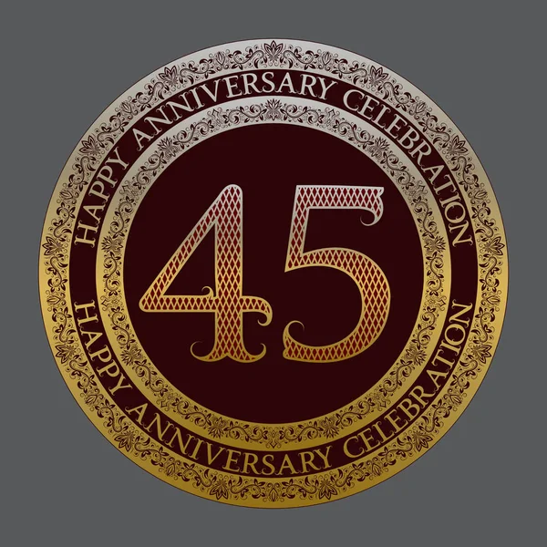 Fyrtio femte årsjubileum firande logotyp symbol. Gyllene maroon medalj emblem i vintagestil. — Stock vektor