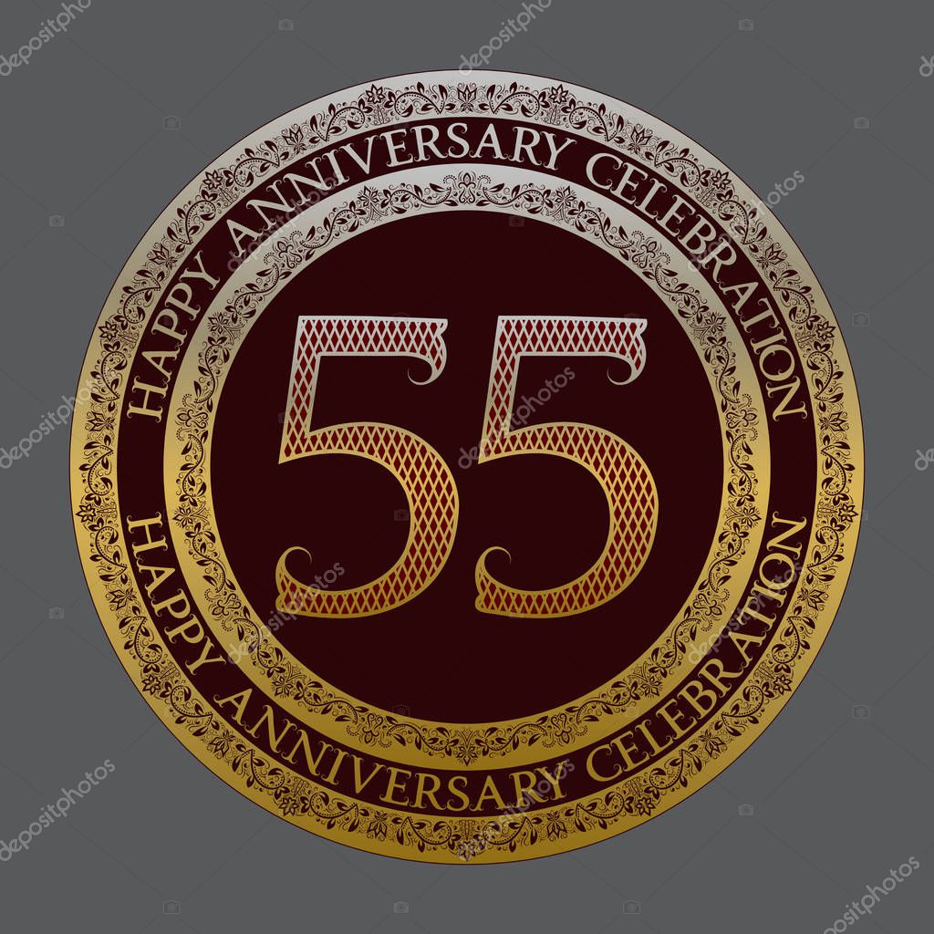 Fifty fifth anniversary celebration logo symbol. Golden maroon medal emblem in vintage style.