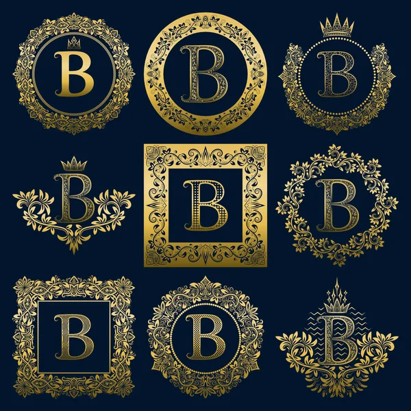Vintage monograms set of B letter. Golden heraldic logos in wreaths, round and square frames. — Stock Vector