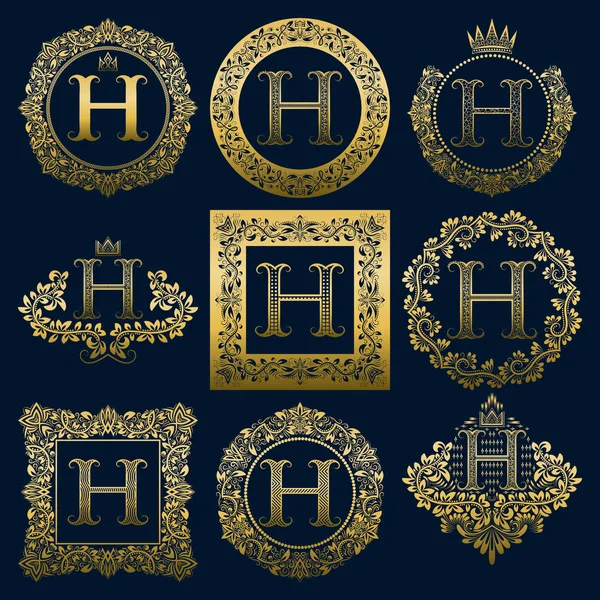 Vintage Monogram H harfini ayarlayın. Çelenk içinde altın hanedan logo, yuvarlak ve kare kare.