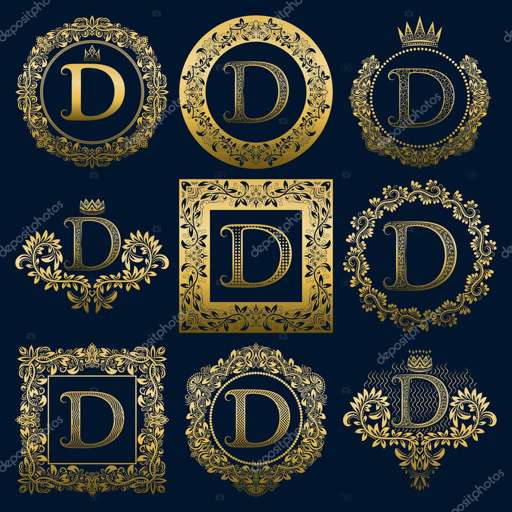 Vintage monograms set of D letter. Golden heraldic logos in wreaths, round and square frames.