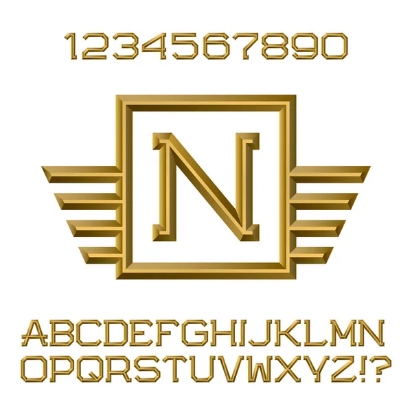 Золоті літери та цифри з крилатою початковою монограмою. Красивий презентабельний набір шрифтів для дизайну логотипу . — стоковий вектор