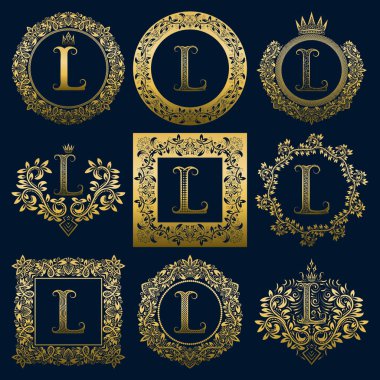 Vintage Monogram L harfini ayarlayın. Çelenk içinde altın hanedan logo, yuvarlak ve kare kare.