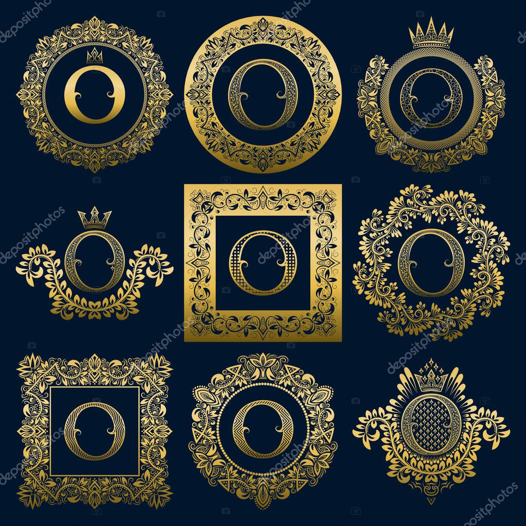 Vintage monograms set of O letter. Golden heraldic logos in wreaths, round and square frames.