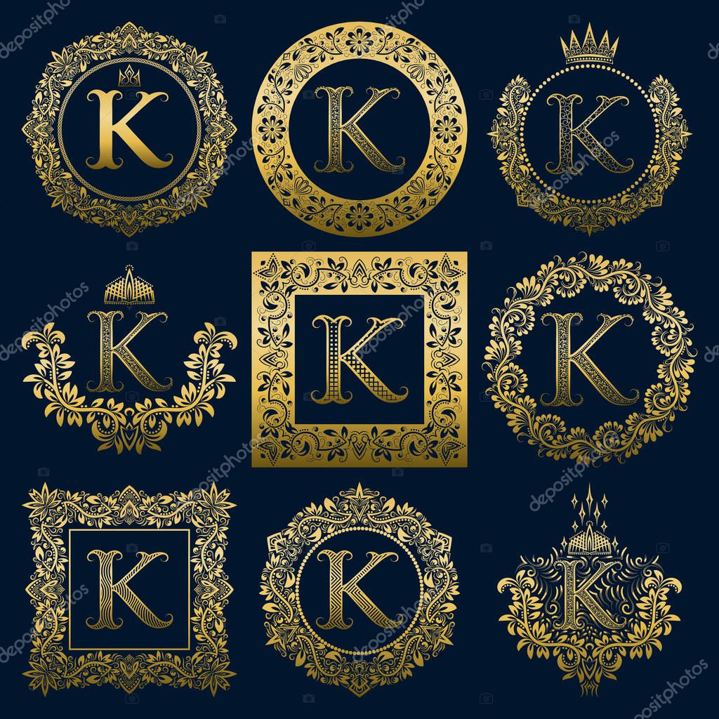 Vintage Monograms Set Of K Letter Golden Heraldic Logos In Wreaths