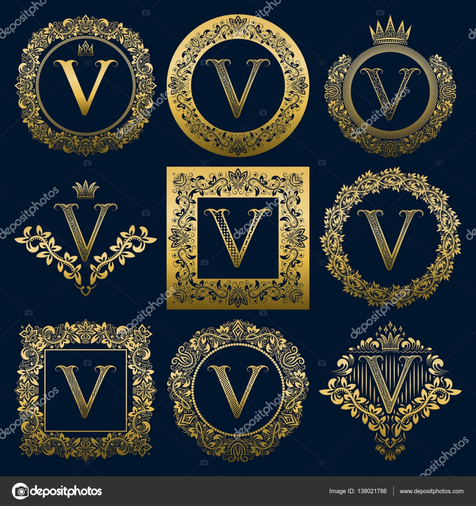 Download Vintage monograms set of V letter. Golden heraldic logos ...
