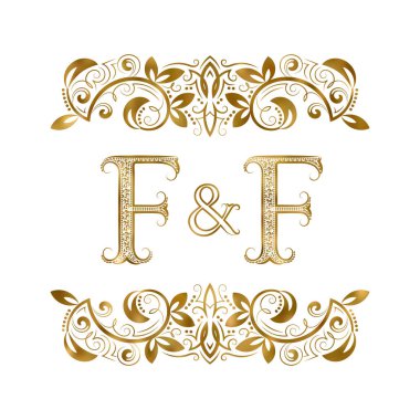F ve F vintage baş harfleri logo sembol. Harfleri süs öğeleri tarafından çevrili. Düğün ya da iş ortakları monogram Kraliyet tarzı.