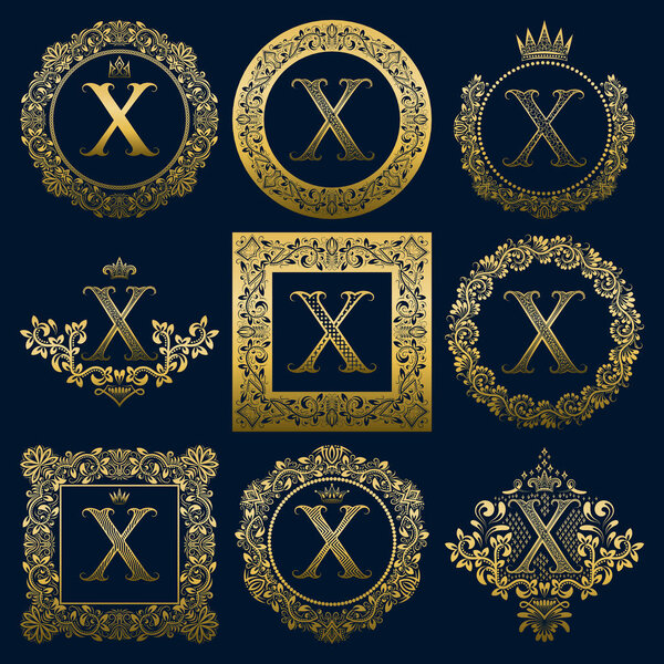 Vintage monograms set of X letter. Golden heraldic logos in wreaths, round and square frames.