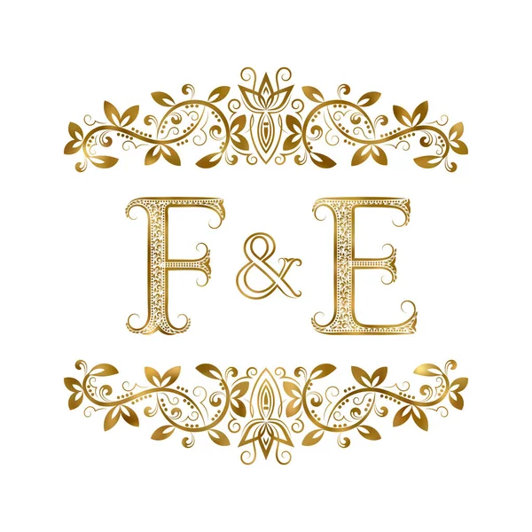 Signatura del logotipo de las iniciales F y E vintage. Las letras están rodeadas de elementos ornamentales. Boda o socios de negocios monograma en estilo real . — Vector de stock