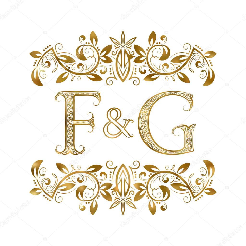 F and G vintage initials logo symbol. The letters are surrounded by ornamental elements. Wedding or business partners monogram in royal style.