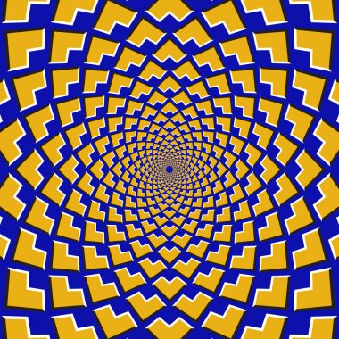 Optical motion illusion background. Yellow corners fly apart circularly from the center on blue background. clipart