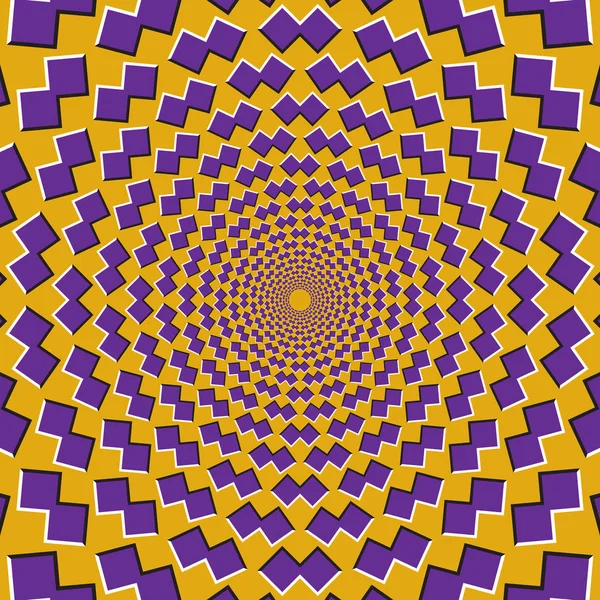 Sfondo dell'illusione del movimento ottico. Forme viola volano a parte circolarmente dal centro su sfondo giallo . — Vettoriale Stock