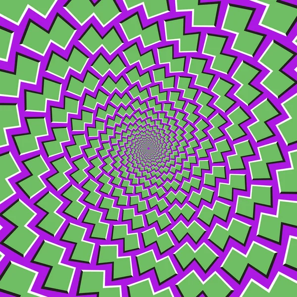 Sfondo dell'illusione del movimento ottico. Forme verdi volano a parte circolarmente dal centro su sfondo viola . — Vettoriale Stock