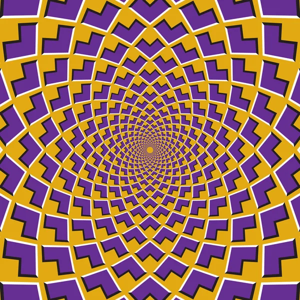 Optiska rörelse illusion bakgrunden. Lila hörn flockas tillsammans cirkulärt till mitten på gul bakgrund. — Stock vektor