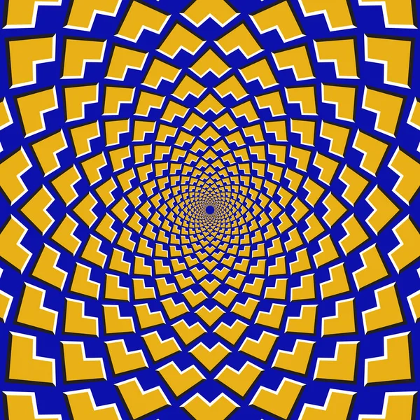 A mozgás optikai illúzió háttér. Sárga sarkok repülni egymástól körkörösen a közepén a kék háttér. — Stock Vector