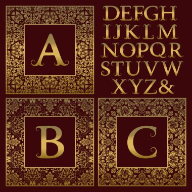 Vintage monogram kiti. Altın harfler ve antik tarzda ilk logo oluşturmak için çiçek kare kare.