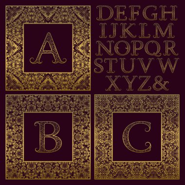 Vintage monogram kiti. Altın desenli harfleri ve antik tarzda ilk logo oluşturmak için süslü kare kare.