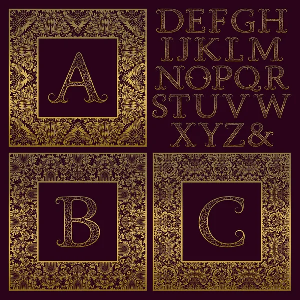 Kit de monograma vintage. Letras estampadas douradas e molduras quadradas ornamentadas para criar o logotipo inicial em estilo antigo . —  Vetores de Stock