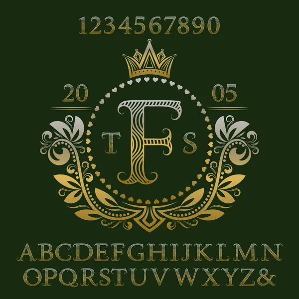 Goldene gewellte gemusterte Buchstaben und Zahlen mit anfänglichem Monogramm in Wappenform. Eleganter Schrift- und Elementsatz für das Logo-Design. — Stockvektor