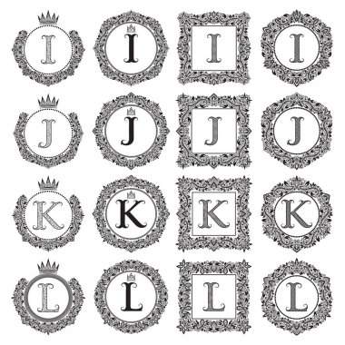 Vintage Monogram dizi ben, J, K, L harfi. Hanedan arma çelenk içinde yuvarlak ve kare kare. Beyaz üzerine siyah sembolleri.