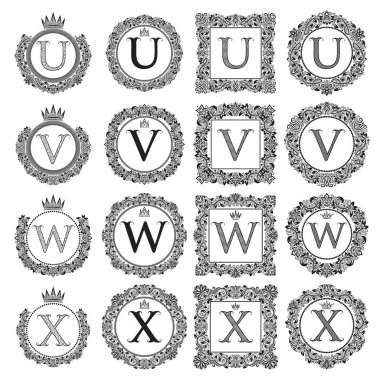 Vintage Monogram kümesi U, V, W, X harfi. Hanedan arma çelenk içinde yuvarlak ve kare kare. Beyaz üzerine siyah sembolleri.