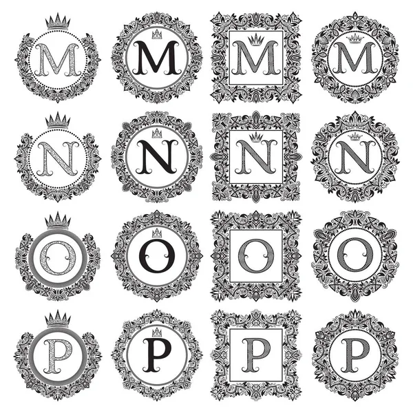 Vintage Monogrammok csoportja, M, N, O, P betű. Heraldikai címer koszorúk, kerek és négyzetes keretek. Fekete szimbólumok, fehér. — Stock Vector