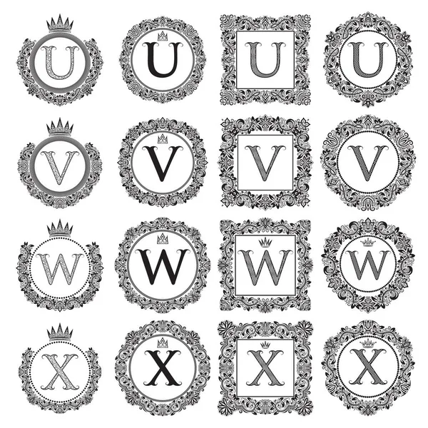 Conjunto de monogramas vintage de letras U, V, W, X. Abrigos heráldicos de armas en coronas, marcos redondos y cuadrados. Símbolos negros sobre blanco . — Vector de stock