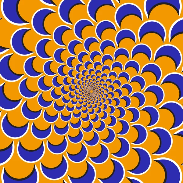 Fondo de ilusión de movimiento óptico. Las formas púrpuras vuelan separadas circularmente desde el centro sobre fondo naranja . — Vector de stock