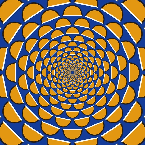 Fondo de ilusión de movimiento óptico. Los semilunas naranjas se separan circularmente del centro sobre fondo azul . — Vector de stock