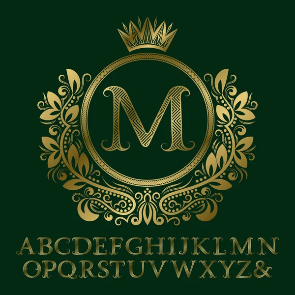 Zigzag striped gold letters and initial monogram in coat of arms form with crown. Elegant font and elements kit for logo design. — Stock Vector