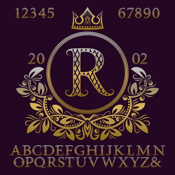 Letras y números dorados estampados con monograma inicial en forma de escudo de armas. Elegante fuente y elementos kit para el diseño del logotipo . — Vector de stock