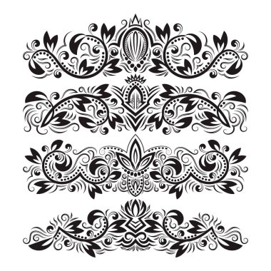 Süslü dekoratif süsler. Dekoratif-süsleme elementler tasarlayın. Vintage başlık dekorasyon ayarlayın. Barok tarzı çiçek dövme.