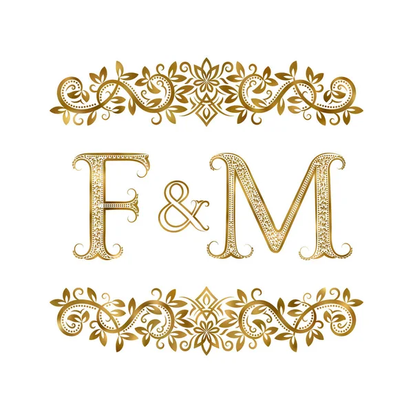 F і M вінтажні ініціали логотип символ. Літери оточені декоративними елементами. Монограма весільних або ділових партнерів в королівському стилі . — стоковий вектор