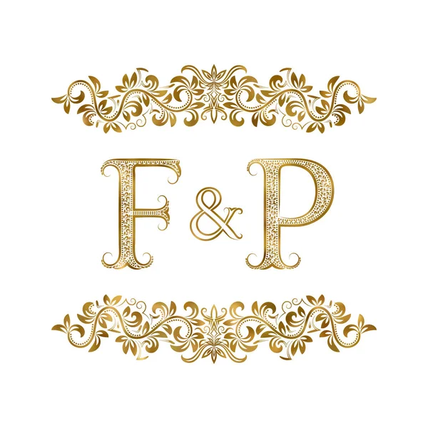 F und p Vintage Initialen Logo-Symbol. die Buchstaben sind von ornamentalen Elementen umgeben. Monogramm von Hochzeits- oder Geschäftspartnern im königlichen Stil. — Stockvektor