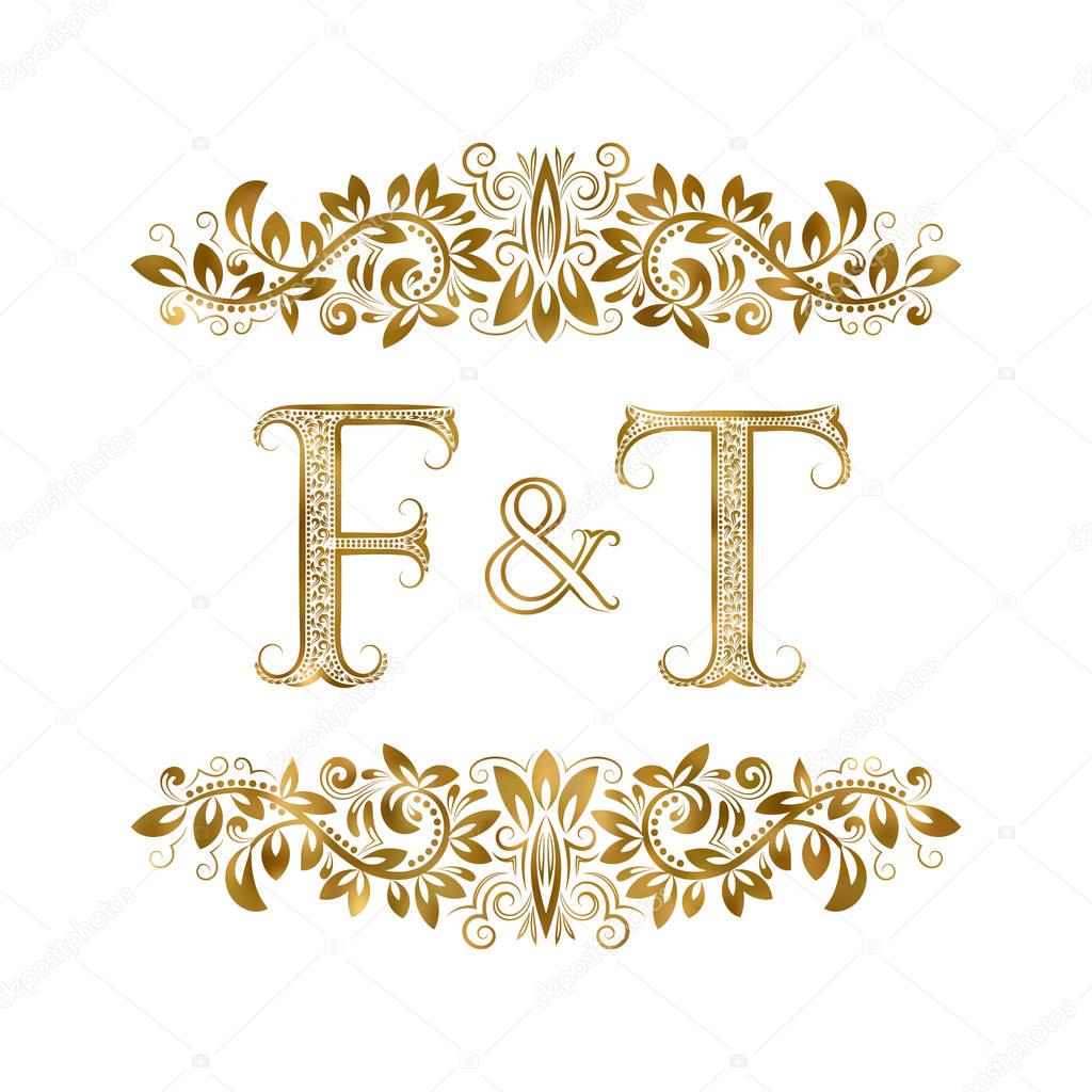F and T vintage initials logo symbol. The letters are surrounded by ornamental elements. Wedding or business partners monogram in royal style.