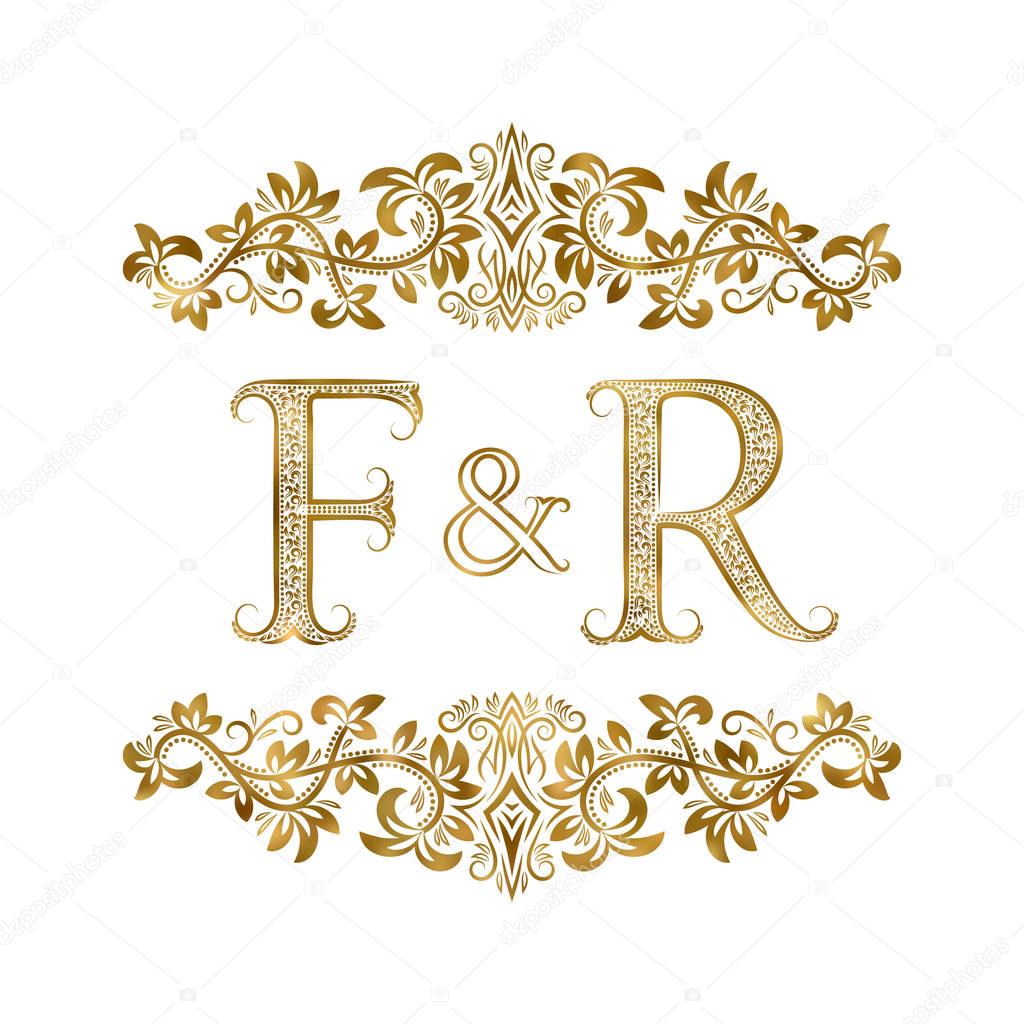 F and R vintage initials logo symbol. The letters are surrounded by ornamental elements. Wedding or business partners monogram in royal style.