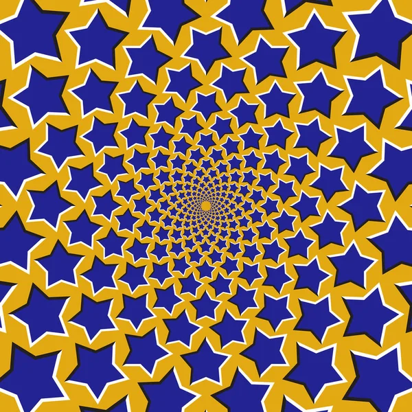 Optiska rörelse illusion bakgrunden. Blå stjärnor flyga isär cirkulärt från mitten på gul bakgrund. — Stock vektor